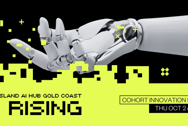 Promotional banner for the AI Rising event, featuring a robotic hand reaching out against a black background with neon yellow digital accents. Text includes "Queensland AI Hub Gold Coast," "AI Rising," and "Cohort Innovation Space, Thu Oct 2 @ 5PM."