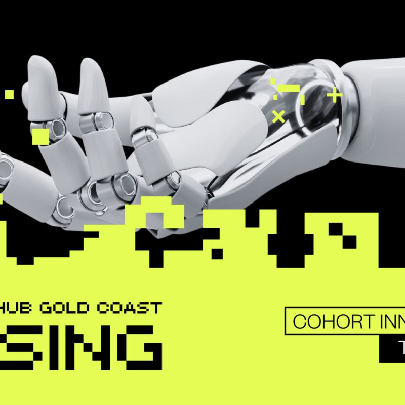 Promotional banner for the AI Rising event, featuring a robotic hand reaching out against a black background with neon yellow digital accents. Text includes "Queensland AI Hub Gold Coast," "AI Rising," and "Cohort Innovation Space, Thu Oct 2 @ 5PM."