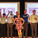 All seven student and researcher-led startup teams gather on stage for a group photo at the end of the 2025 NextGen Pre-Accelerator Demo Night.