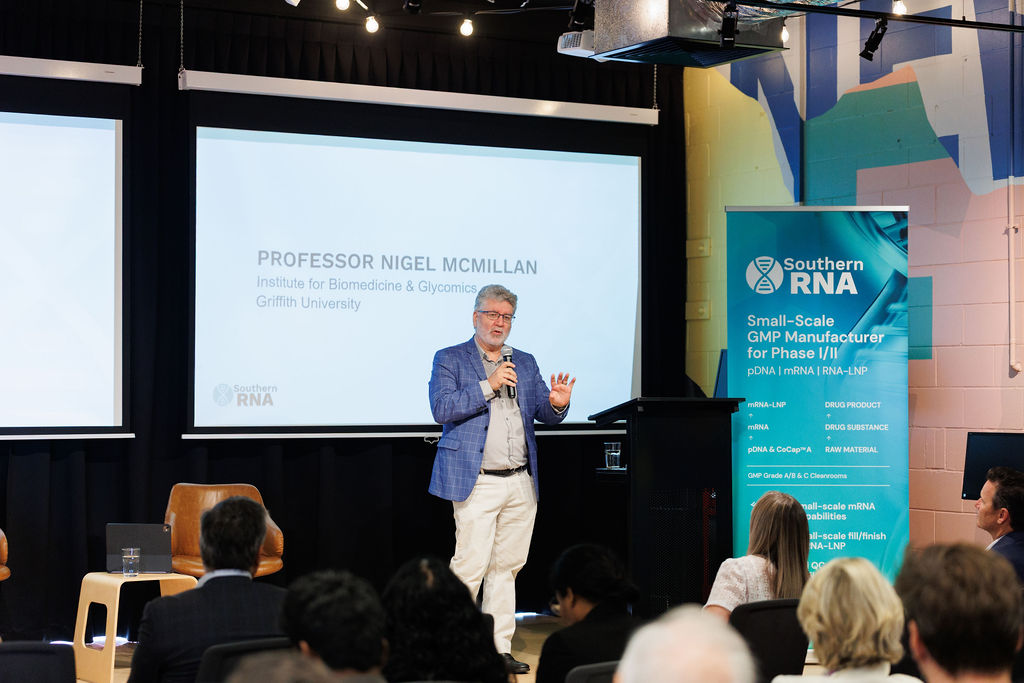 Professor Nigel McMillan from Griffith University’s Institute for Biomedicine and Glycomics addresses attendees, highlighting the research partnership between Griffith and Southern RNA.