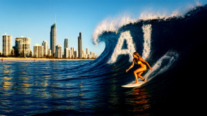 A surfer rides a large ocean wave at the Gold Coast, with the city skyline in the background. The crest of the wave forms the letters “AI,” symbolising the rise of artificial intelligence.
