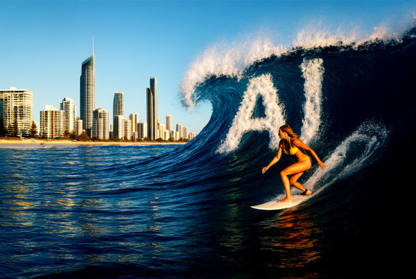 A surfer rides a large ocean wave at the Gold Coast, with the city skyline in the background. The crest of the wave forms the letters “AI,” symbolising the rise of artificial intelligence.