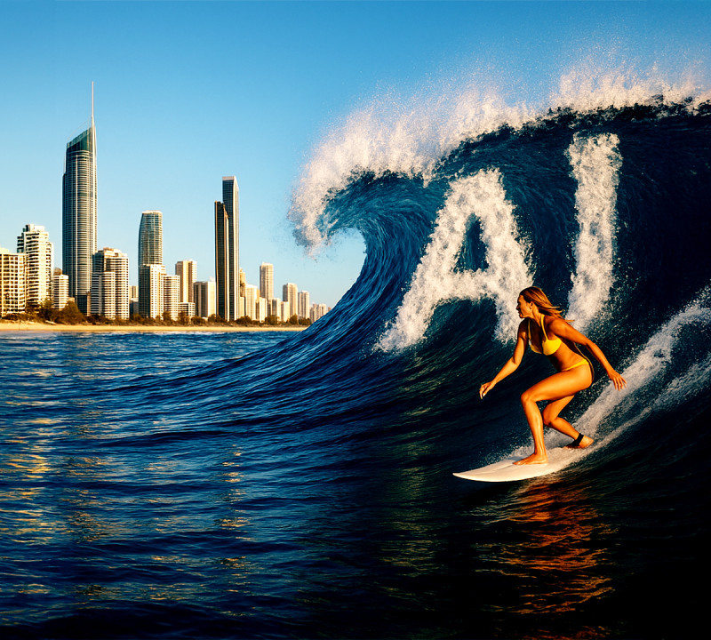 A surfer rides a large ocean wave at the Gold Coast, with the city skyline in the background. The crest of the wave forms the letters “AI,” symbolising the rise of artificial intelligence.