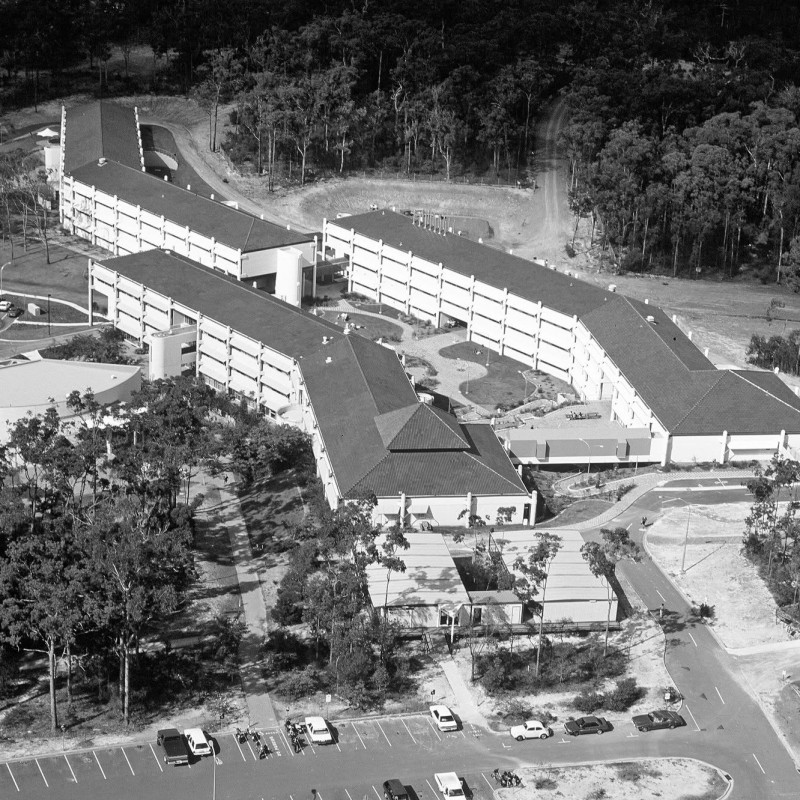 Aerial view of the Gold Coast College of Advanced Education campus in 1989, now Griffith University's Gold Coast campus.
