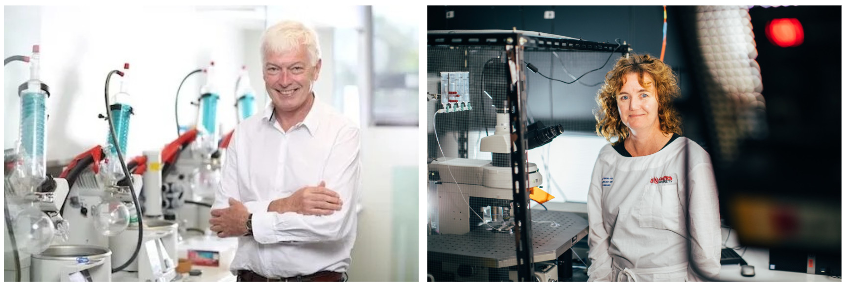 Side-by-side portraits of Emeritus Professor Michael Good and Professor Sonya Marshall-Gradisnik in Griffith University research laboratories on the Gold Coast, highlighting their contributions to world-leading biomedical research.