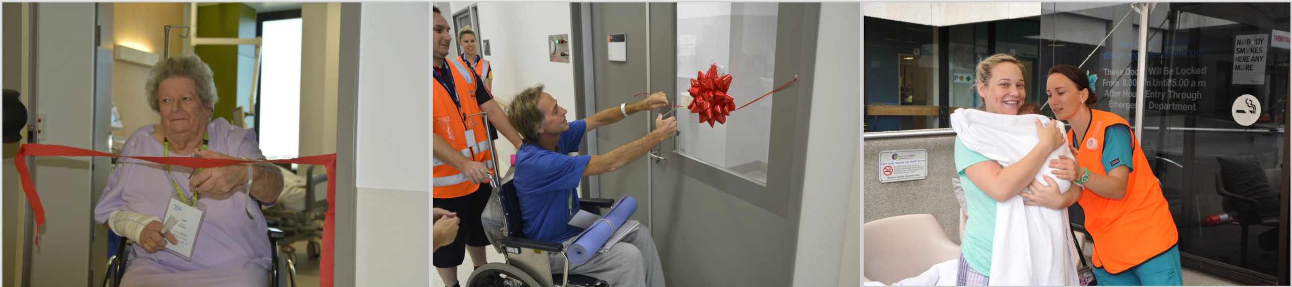 Collage of three moments from the opening of Gold Coast University Hospital in 2013, showing newly arrived patients officially opening their rooms and a newborn being safely transferred with their mother during the hospital relocation.