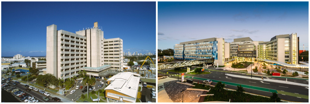 Side-by-side comparison of the former Gold Coast Hospital and the new Gold Coast University Hospital, illustrating the transformation of healthcare infrastructure on the Gold Coast following the 2013 hospital relocation.